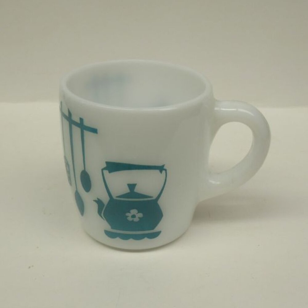 Hazel Atlas Milk Glass Handled Mug Featuring Turquoise KITCHEN AIDS Design - HTF